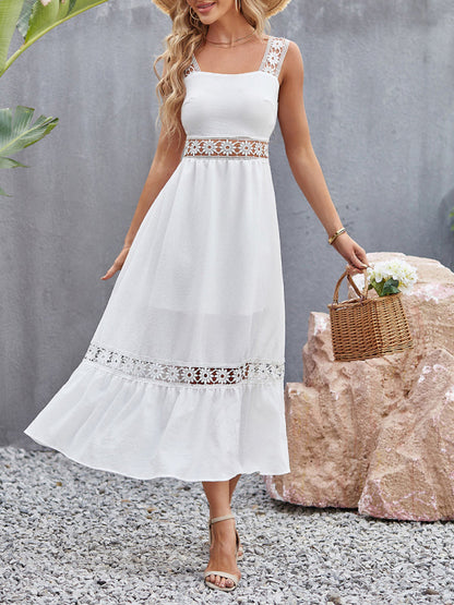 Dress- Summer Solid Lace Accents Ruffle Hem Cami Midi Dress- - IndioGear Fashion and Gear