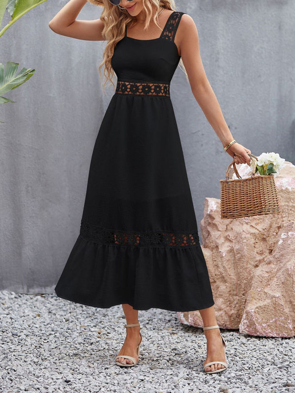 Dress- Summer Solid Lace Accents Ruffle Hem Cami Midi Dress- Black- IndioGear Fashion and Gear