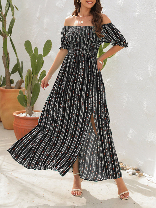 Dress- Summer Stripe Off-Shoulder Fit and flare Slit Maxi Dress- Black- IndioGear Fashion and Gear