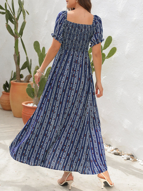 Dress- Summer Stripe Off-Shoulder Fit and flare Slit Maxi Dress- - IndioGear Fashion and Gear