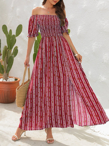 Dress- Summer Stripe Off-Shoulder Fit and flare Slit Maxi Dress- - IndioGear Fashion and Gear