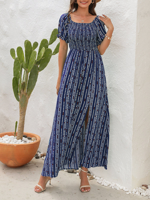 Dress- Summer Stripe Off-Shoulder Fit and flare Slit Maxi Dress- - IndioGear Fashion and Gear