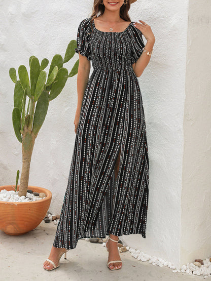 Dress- Summer Stripe Off-Shoulder Fit and flare Slit Maxi Dress- - IndioGear Fashion and Gear