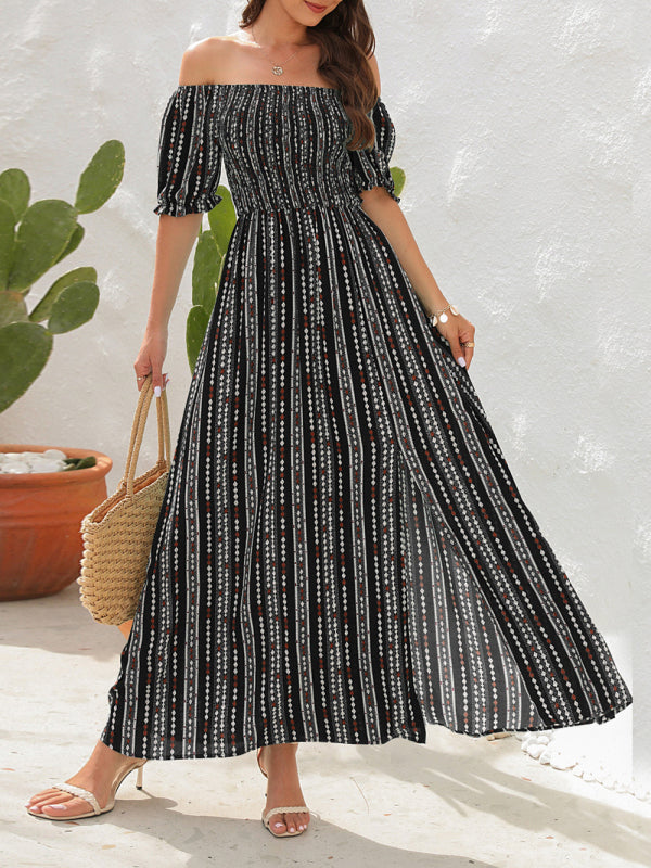 Dress- Summer Stripe Off-Shoulder Fit and flare Slit Maxi Dress- - IndioGear Fashion and Gear