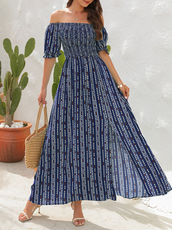 Dress- Summer Stripe Off-Shoulder Fit and flare Slit Maxi Dress- - IndioGear Fashion and Gear