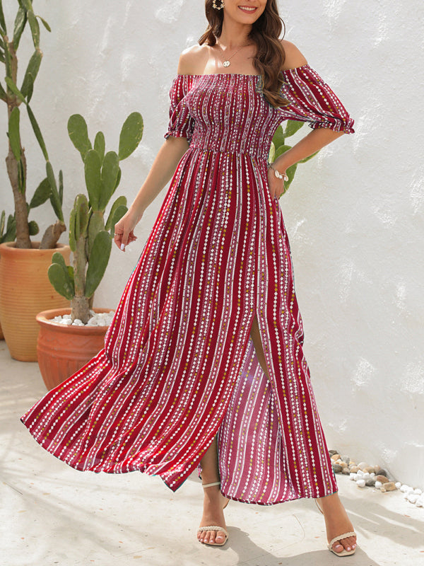 Dress- Summer Stripe Off-Shoulder Fit and flare Slit Maxi Dress- - IndioGear Fashion and Gear