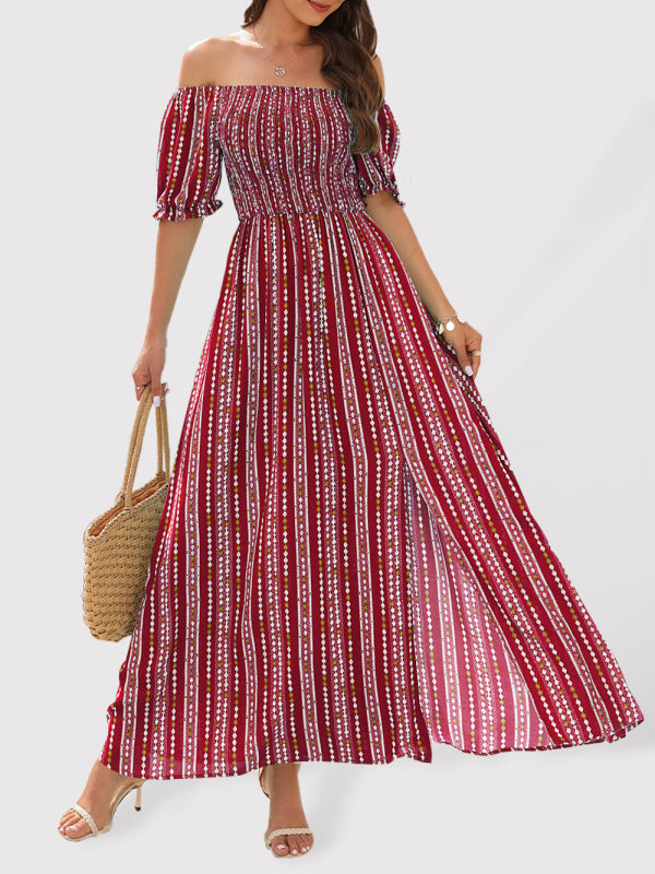 Dress- Summer Stripe Off-Shoulder Fit and flare Slit Maxi Dress- Red- IndioGear Fashion and Gear