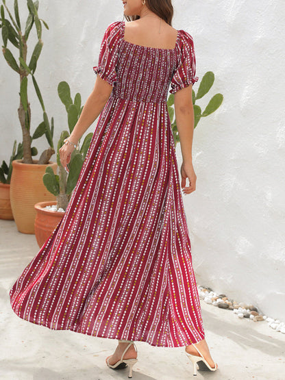 Dress- Summer Stripe Off-Shoulder Fit and flare Slit Maxi Dress- - IndioGear Fashion and Gear