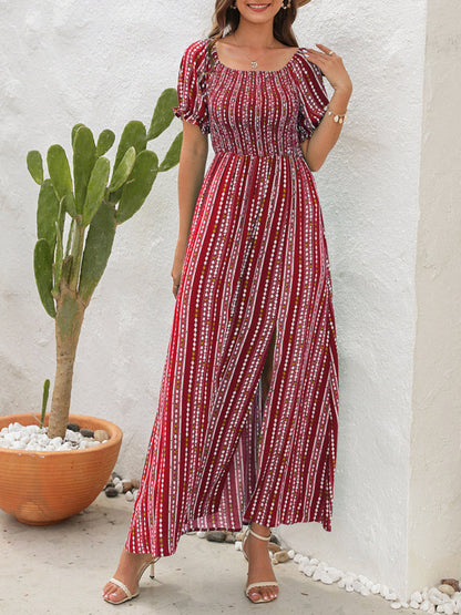 Dress- Summer Stripe Off-Shoulder Fit and flare Slit Maxi Dress- - IndioGear Fashion and Gear