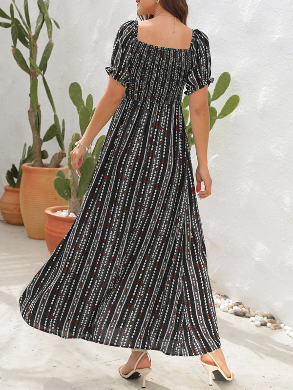 Dress- Summer Stripe Off-Shoulder Fit and flare Slit Maxi Dress- - IndioGear Fashion and Gear