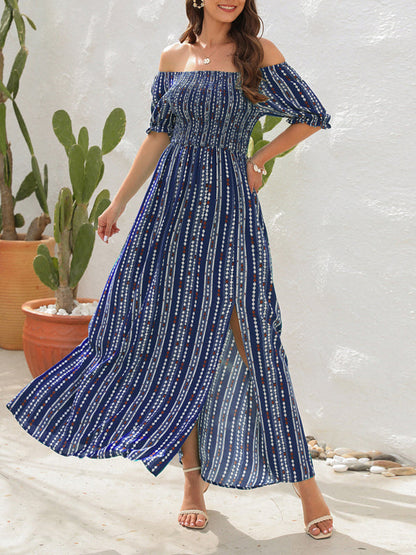 Dress- Summer Stripe Off-Shoulder Fit and flare Slit Maxi Dress- Blue- IndioGear Fashion and Gear