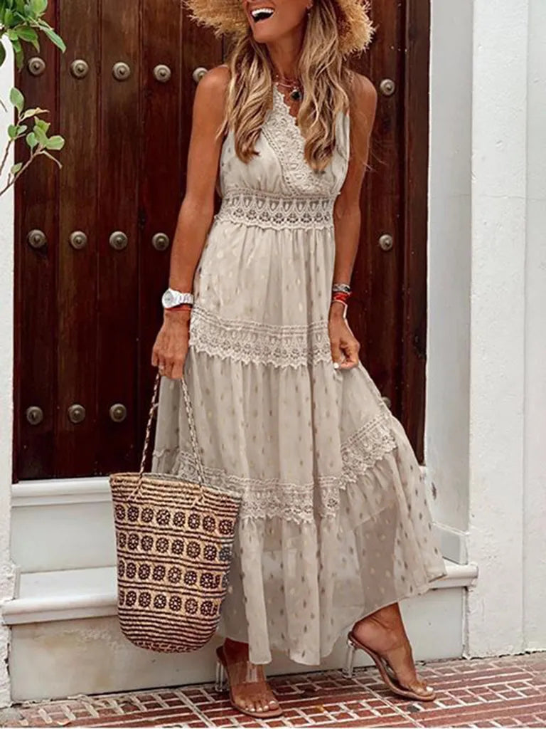 Dress- Summer Tiered Surplice Lace V-Neck Vacation Maxi Dress- - IndioGear Fashion and Gear