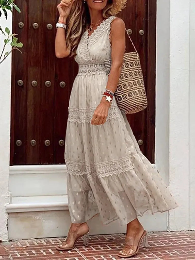 Dress- Summer Tiered Surplice Lace V-Neck Vacation Maxi Dress- Beige- IndioGear Fashion and Gear