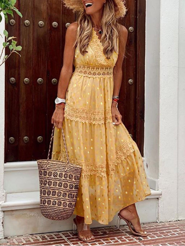 Dress- Summer Tiered Surplice Lace V-Neck Vacation Maxi Dress- Yellow- IndioGear Fashion and Gear