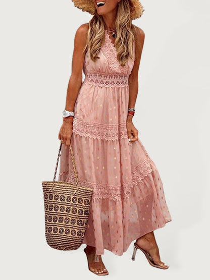 Dress- Summer Tiered Surplice Lace V-Neck Vacation Maxi Dress- Pink- IndioGear Fashion and Gear