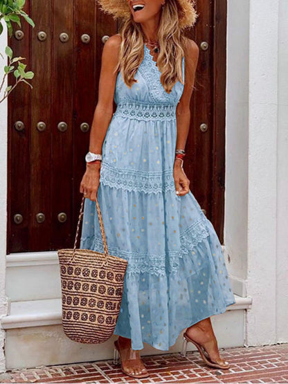 Dress- Summer Tiered Surplice Lace V-Neck Vacation Maxi Dress- Blue- IndioGear Fashion and Gear