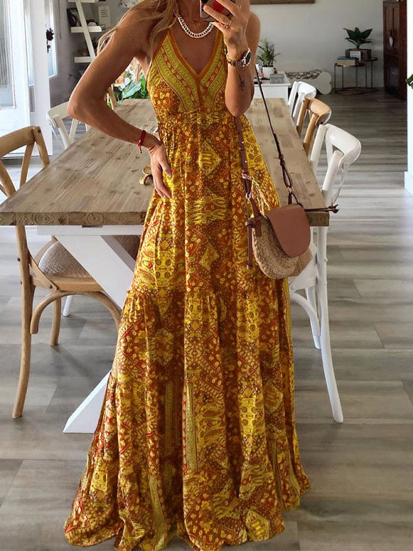 Dress- Summer Vacation Boho Tiered Cami Maxi Dress- Yellow- IndioGear Fashion and Gear