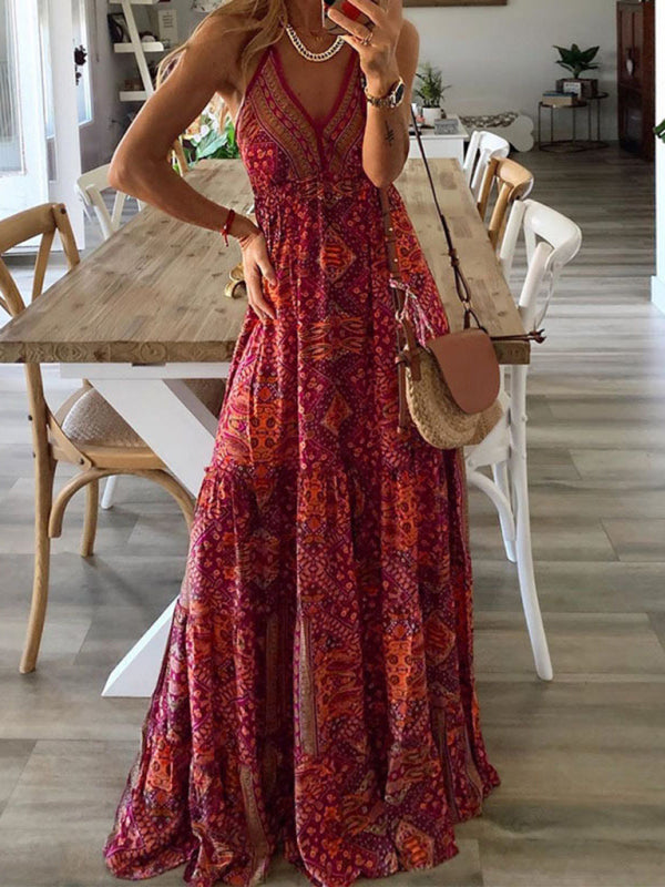 Dress- Summer Vacation Boho Tiered Cami Maxi Dress- Red- IndioGear Fashion and Gear