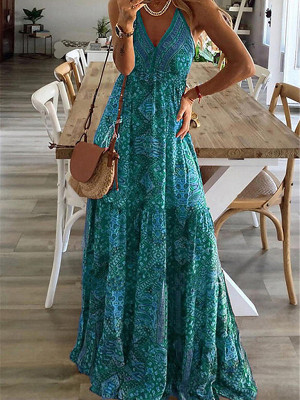 Dress- Summer Vacation Boho Tiered Cami Maxi Dress- - IndioGear Fashion and Gear