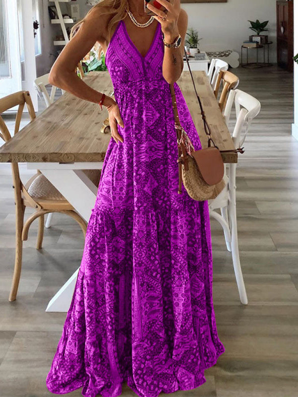 Dress- Summer Vacation Boho Tiered Cami Maxi Dress- Dark purple- IndioGear Fashion and Gear