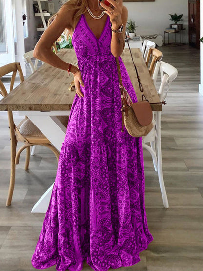 Dress- Summer Vacation Boho Tiered Cami Maxi Dress- Dark purple- IndioGear Fashion and Gear