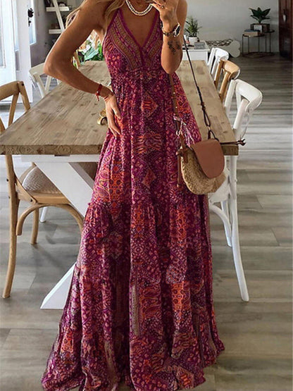 Dress- Summer Vacation Boho Tiered Cami Maxi Dress- Purple- IndioGear Fashion and Gear