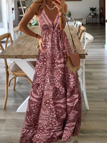 Dress- Summer Vacation Boho Tiered Cami Maxi Dress- Pink- IndioGear Fashion and Gear