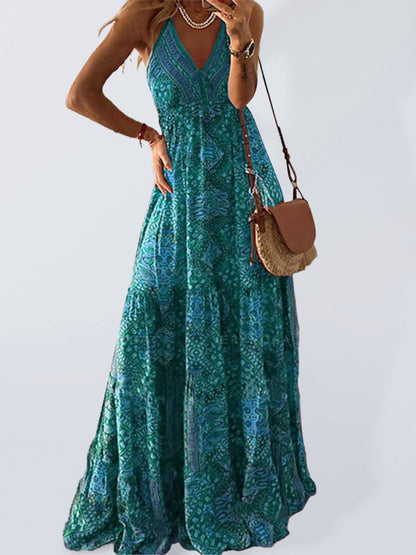 Dress- Summer Vacation Boho Tiered Cami Maxi Dress- Green- IndioGear Fashion and Gear