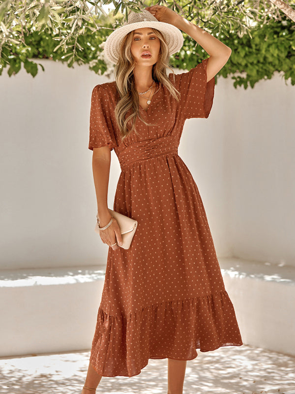 Dress- Swiss Dot Smocked Waist Tiered Ruffle Midi Dress- - IndioGear Fashion and Gear