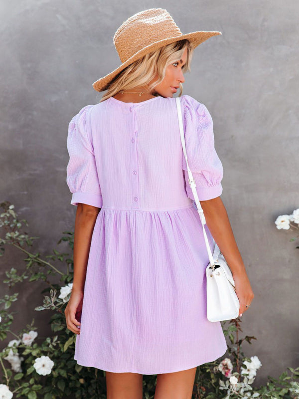 Dress- Textured Cotton Puff Sleeve Buttoned Back Flowy Dress with Pockets- - IndioGear Fashion and Gear