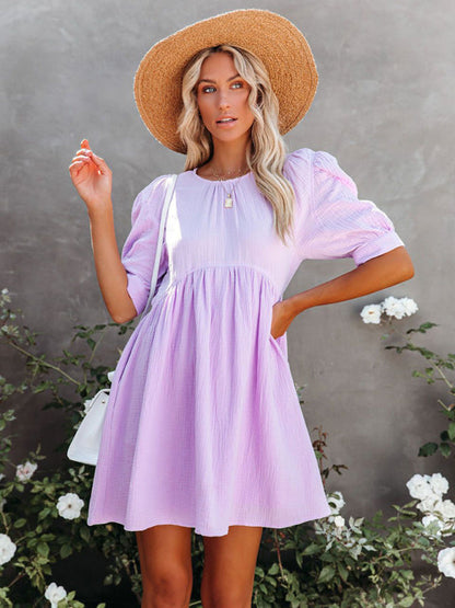 Dress- Textured Cotton Puff Sleeve Buttoned Back Flowy Dress with Pockets- Lavender- IndioGear Fashion and Gear