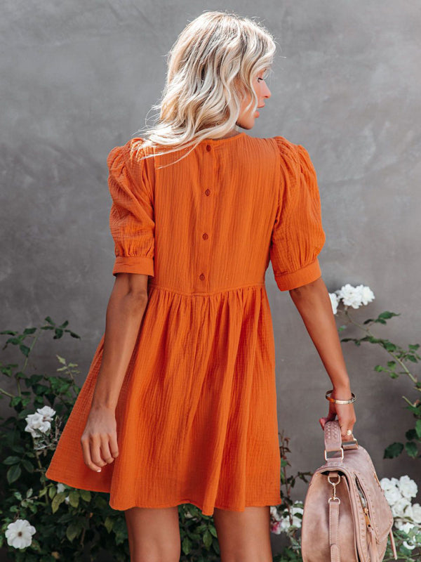 Dress- Textured Cotton Puff Sleeve Buttoned Back Flowy Dress with Pockets- - IndioGear Fashion and Gear