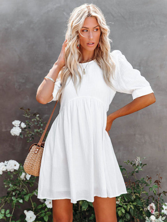 Dress- Textured Cotton Puff Sleeve Buttoned Back Flowy Dress with Pockets- White- IndioGear Fashion and Gear