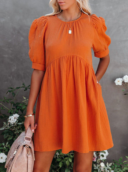 Dress- Textured Cotton Puff Sleeve Buttoned Back Flowy Dress with Pockets- Orange- IndioGear Fashion and Gear