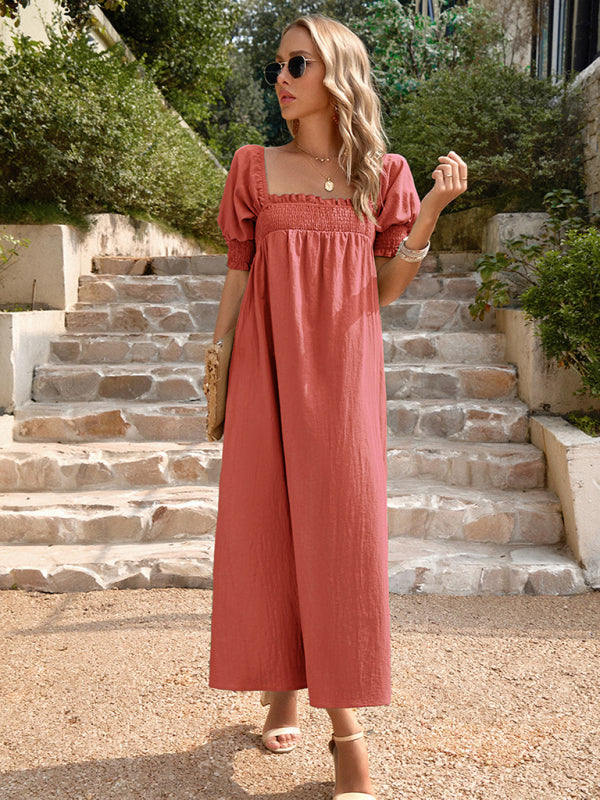 Dress- Textured Cotton Puff Sleeve Smocked Flowy Maxi Dress- - IndioGear Fashion and Gear