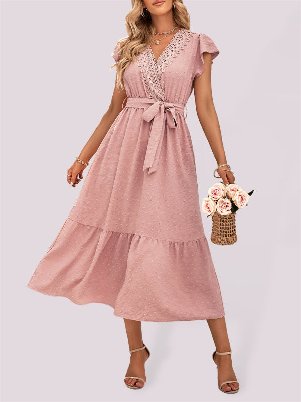 Dress- Textured Swiss Dot Surplice V-Neck Tiered Tie-Waist Midi Dress- Pink- IndioGear Fashion and Gear