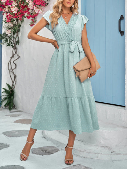 Dress- Textured Swiss Dot Surplice V-Neck Tiered Tie-Waist Midi Dress- - IndioGear Fashion and Gear