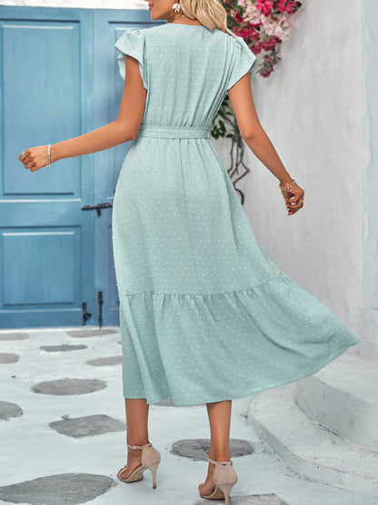 Dress- Textured Swiss Dot Surplice V-Neck Tiered Tie-Waist Midi Dress- - IndioGear Fashion and Gear