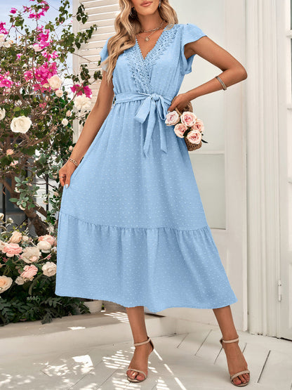 Dress- Textured Swiss Dot Surplice V-Neck Tiered Tie-Waist Midi Dress- Blue- IndioGear Fashion and Gear