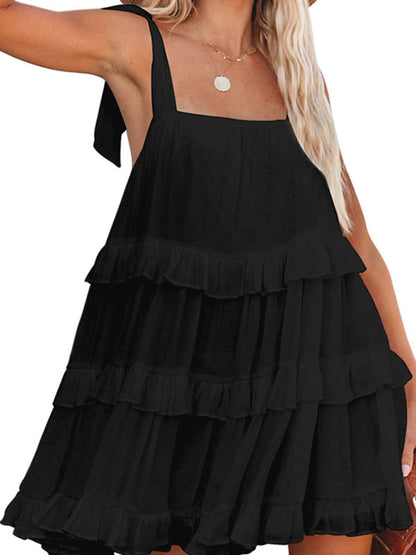 Dress- Textured Tiered Flowy Tie-Shoulder Vacation Cami Dress- - IndioGear Fashion and Gear