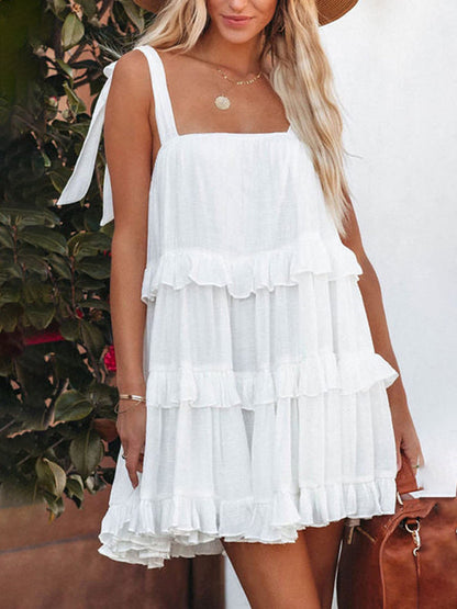 Dress- Textured Tiered Flowy Tie-Shoulder Vacation Cami Dress- White- IndioGear Fashion and Gear