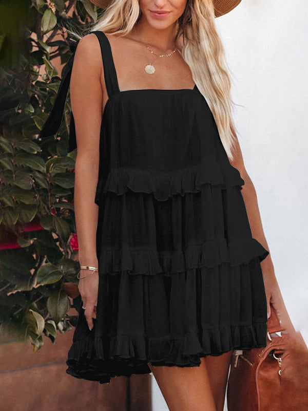 Dress- Textured Tiered Flowy Tie-Shoulder Vacation Cami Dress- Black- IndioGear Fashion and Gear