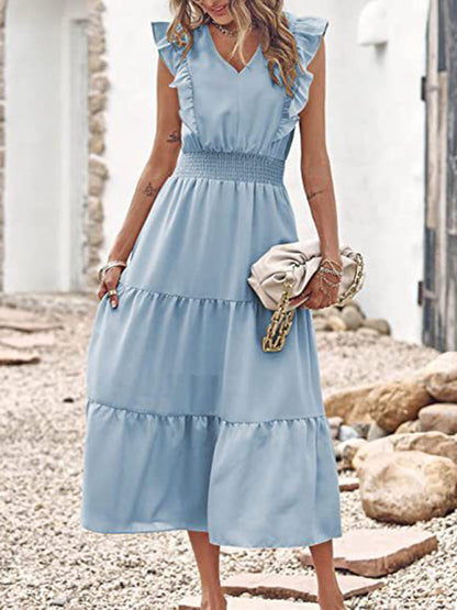 Dress- Tiered Flare V Neck Maxi Dress!- Blue- IndioGear Fashion and Gear