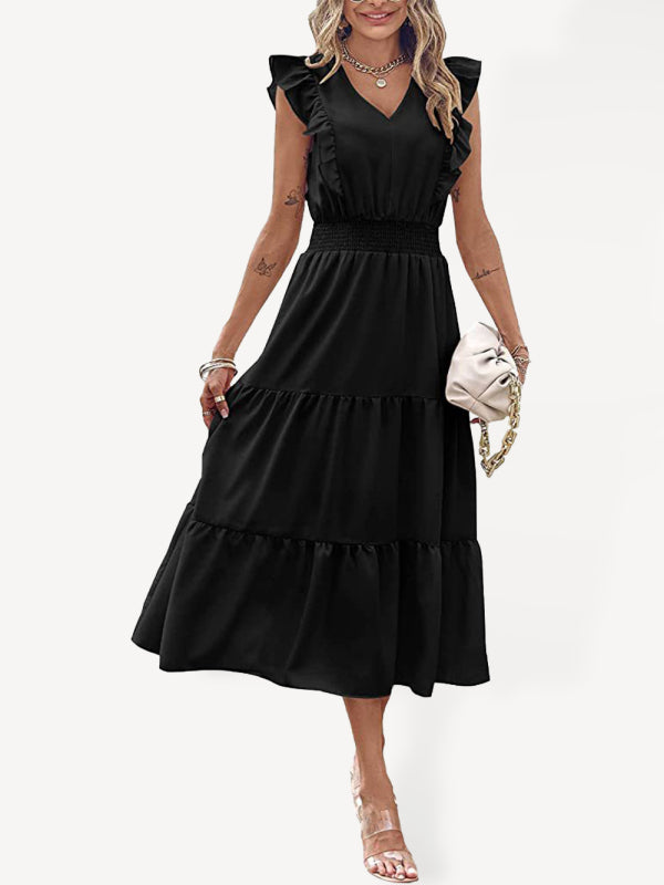 Dress- Tiered Flare V Neck Maxi Dress!- Black- IndioGear Fashion and Gear