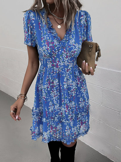 Dress- Tiered Ruffle Floral Mini Dress- Blue- IndioGear Fashion and Gear