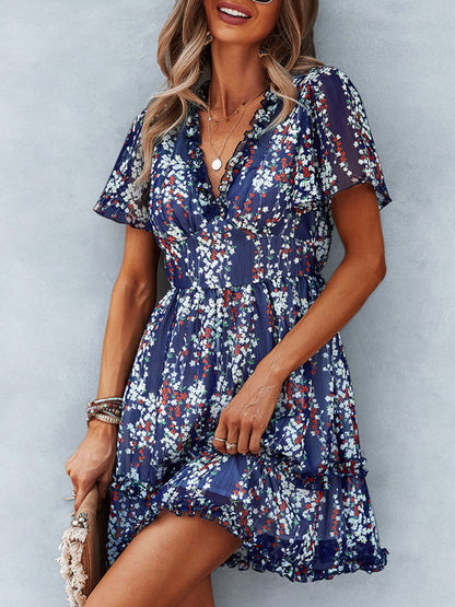 Dress- Tiered Ruffle Floral Mini Dress- - IndioGear Fashion and Gear