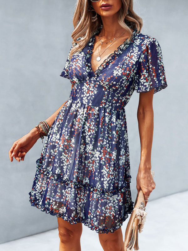 Dress- Tiered Ruffle Floral Mini Dress- - IndioGear Fashion and Gear