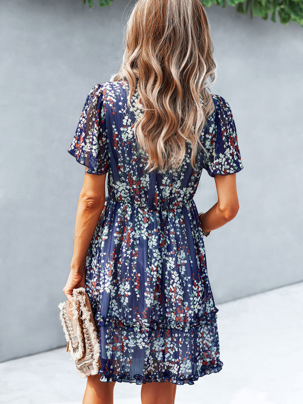 Dress- Tiered Ruffle Floral Mini Dress- - IndioGear Fashion and Gear