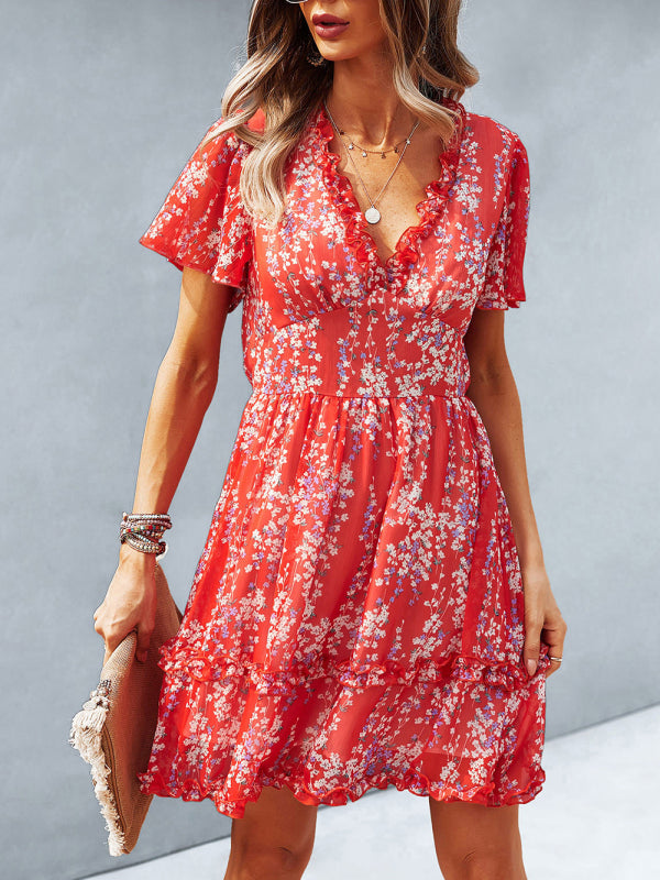 Dress- Tiered Ruffle Floral Mini Dress- - IndioGear Fashion and Gear