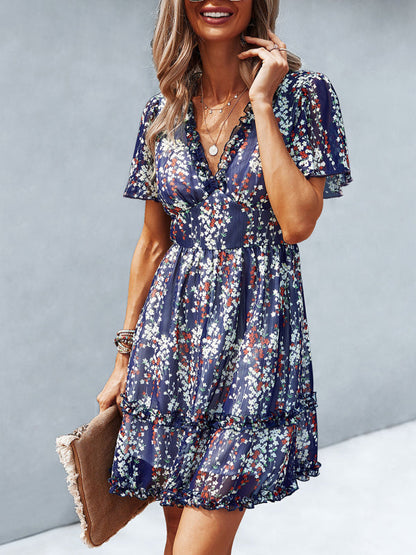 Dress- Tiered Ruffle Floral Mini Dress- - IndioGear Fashion and Gear